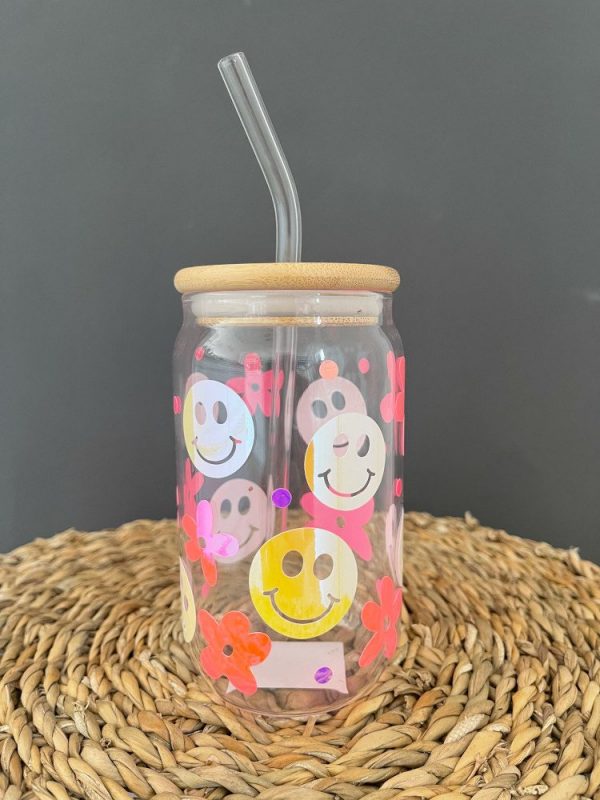 Trinkglas mit Bambusdeckel Smileys