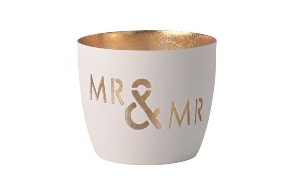 Madras Windlicht Mr. & Mrs. in weiß/gold